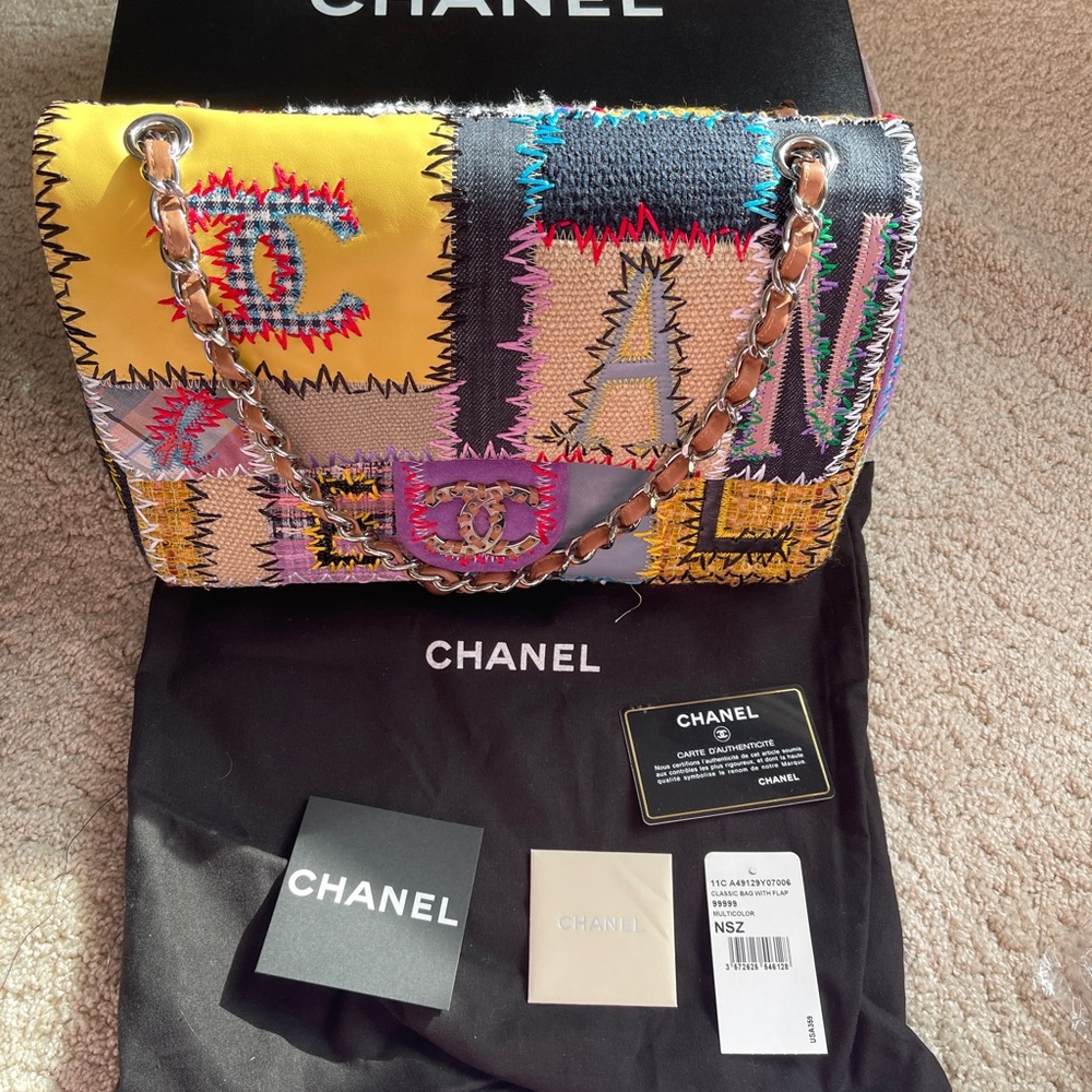 RARE VINTAGE CHANEL PATCHWORK Multicolor runway Shoulder Bag COMPLETE!! WOW! EXC